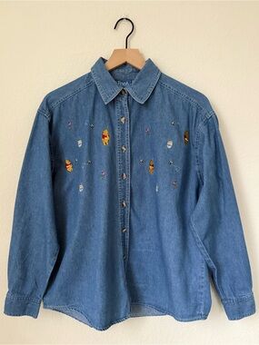 Denim Button-Up Shirt with Winnie the Pooh Embroidery Size Medium